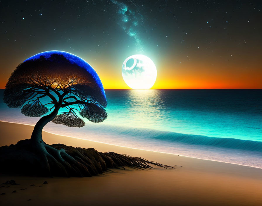 Surreal artwork of illuminated tree on beach at sunset