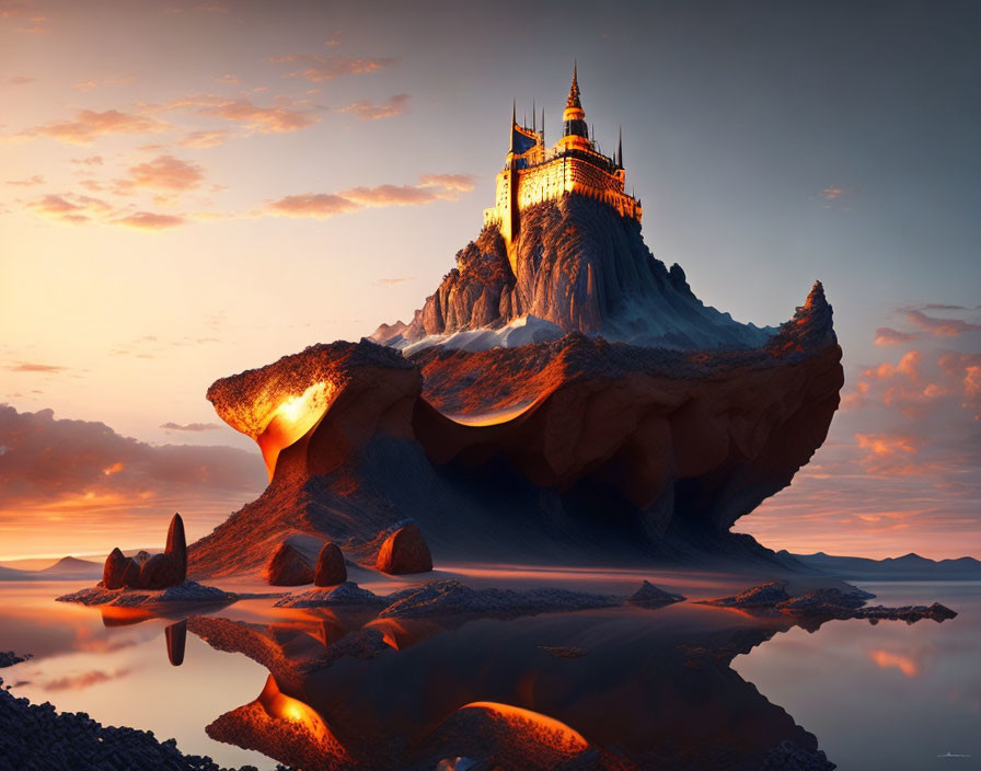 Majestic castle on floating rock island at sunset