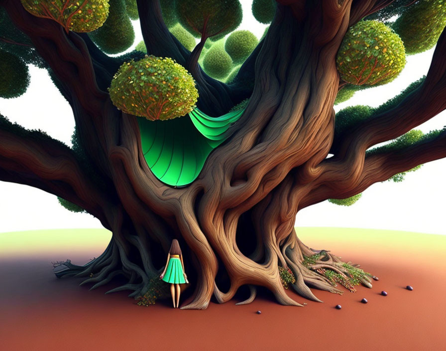 Whimsical illustration of large gnarled tree and small figure