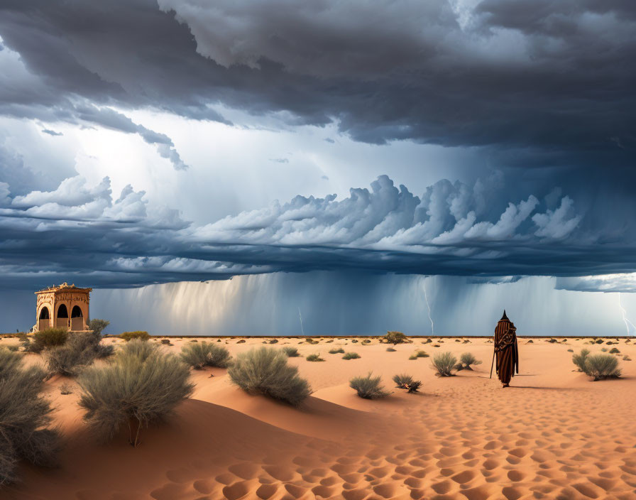 Traditional Clothing Figure in Desert with Arch Structure and Dramatic Sky