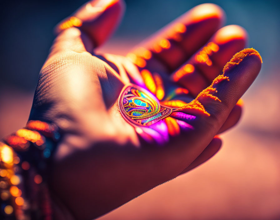 Colorful embroidered Indian patch held in vibrant close-up.