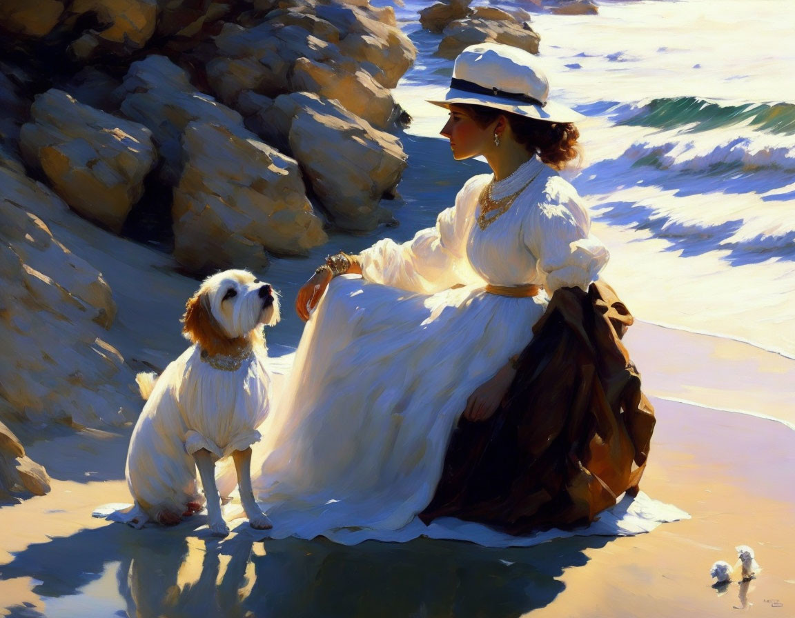 Woman in white dress and sunhat with small white dog on sunny beach