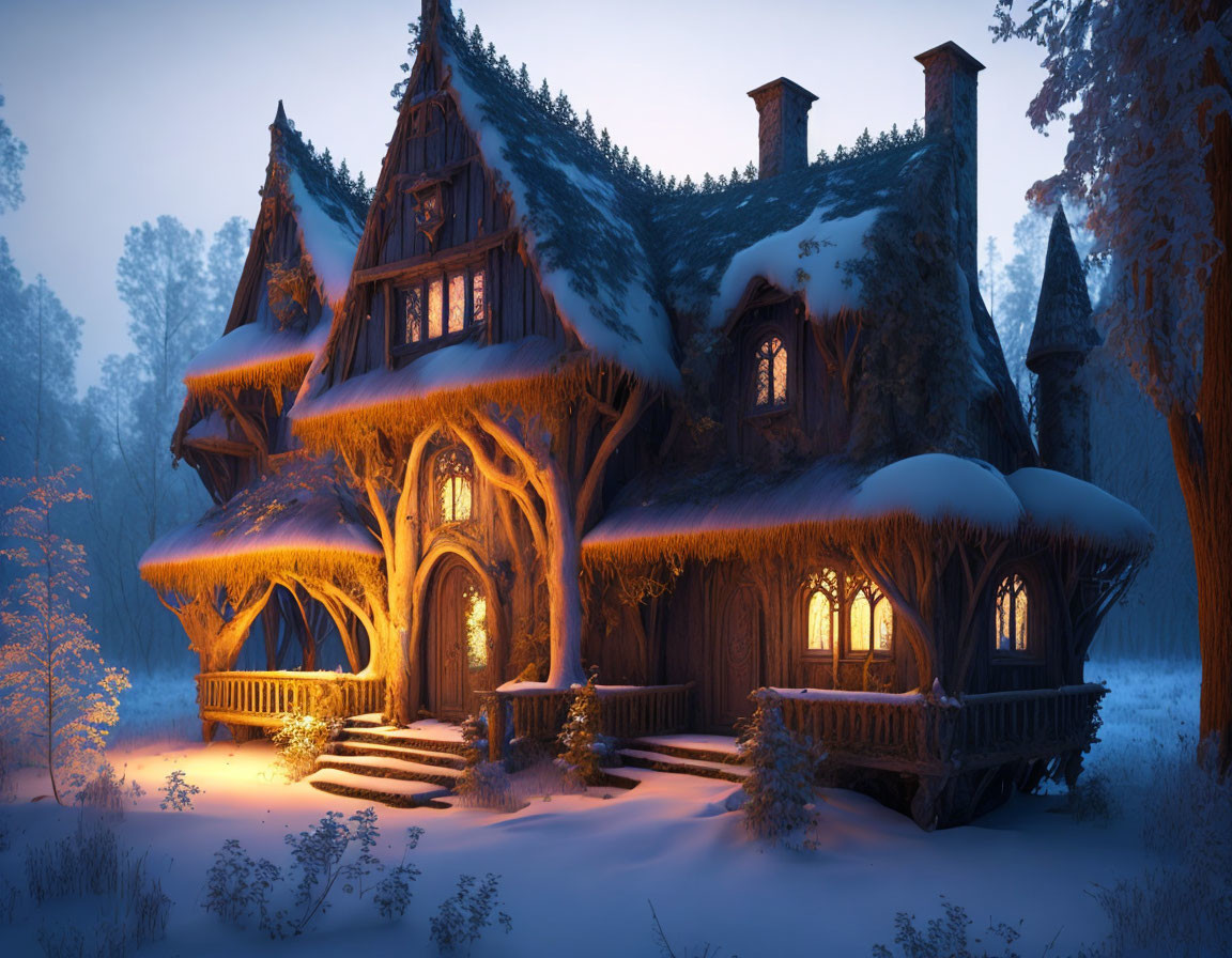 Wooden House with Warm Lights in Snowy Twilight Landscape