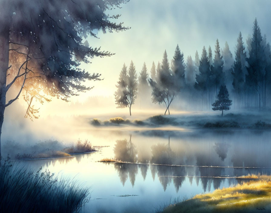 Tranquil misty lake sunrise with silhouetted pine trees