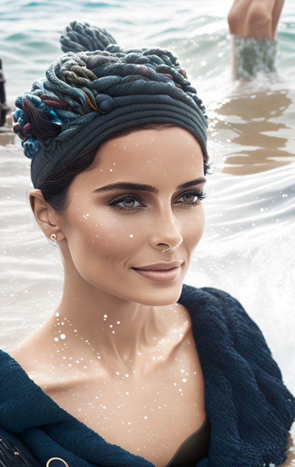 Portrait of woman in blue headwrap with water and hand in foreground