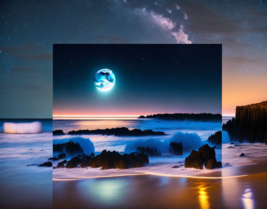 Composite image of starry night sky, surreal moon, and rocky seascape with golden reflections.