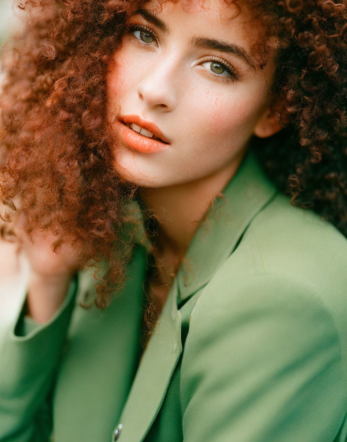 Person with Voluminous Curly Hair in Green Blazer and Striking Eyes