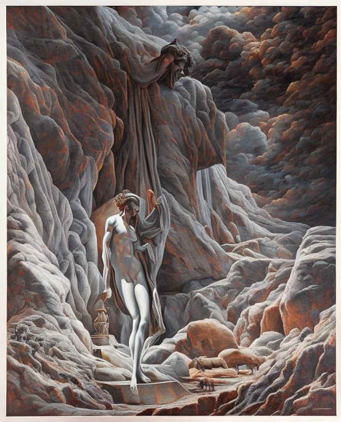 Surreal painting: nude figure among giant rock formations