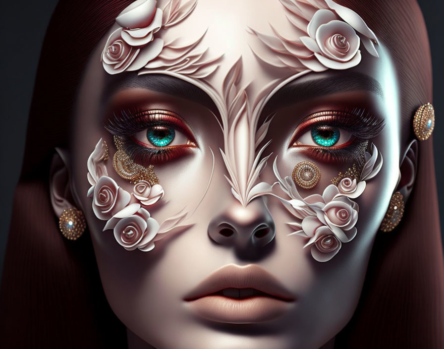 Digital portrait of woman with rose adornments and intricate facial designs.