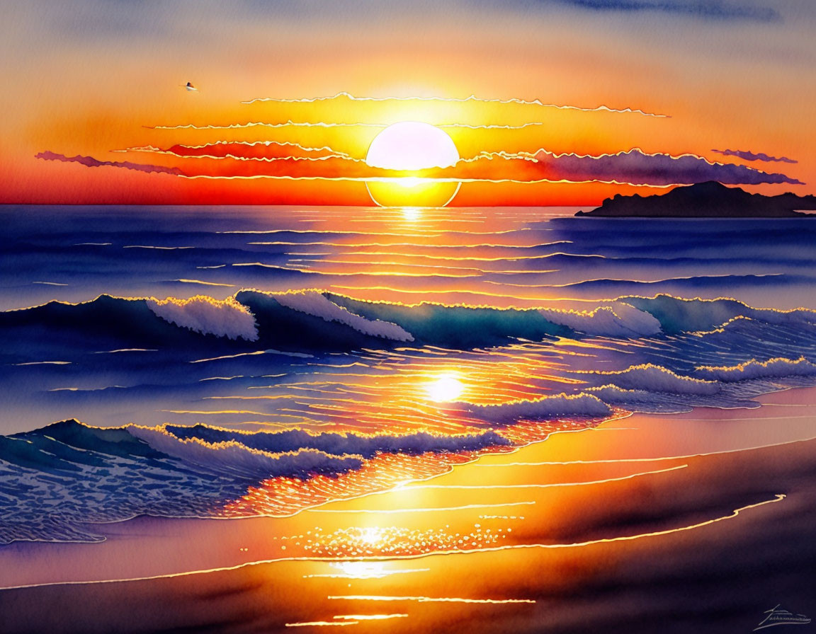 Vivid sunset watercolor painting with orange and blue hues on ocean waves