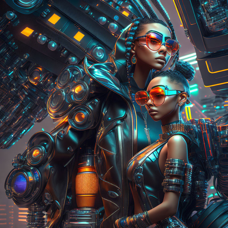 Futuristic women in stylish sunglasses and cyberpunk attire with neon-lit machinery.