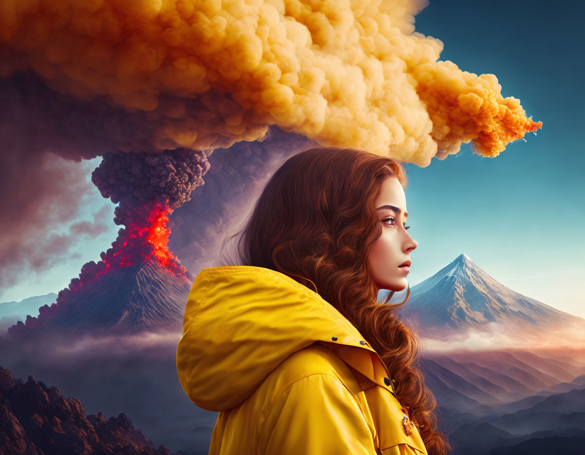 Woman in yellow jacket gazes at erupting volcano