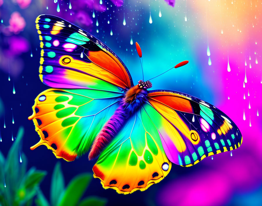 Colorful Butterfly Digital Artwork with Bokeh Background and Rain Droplets