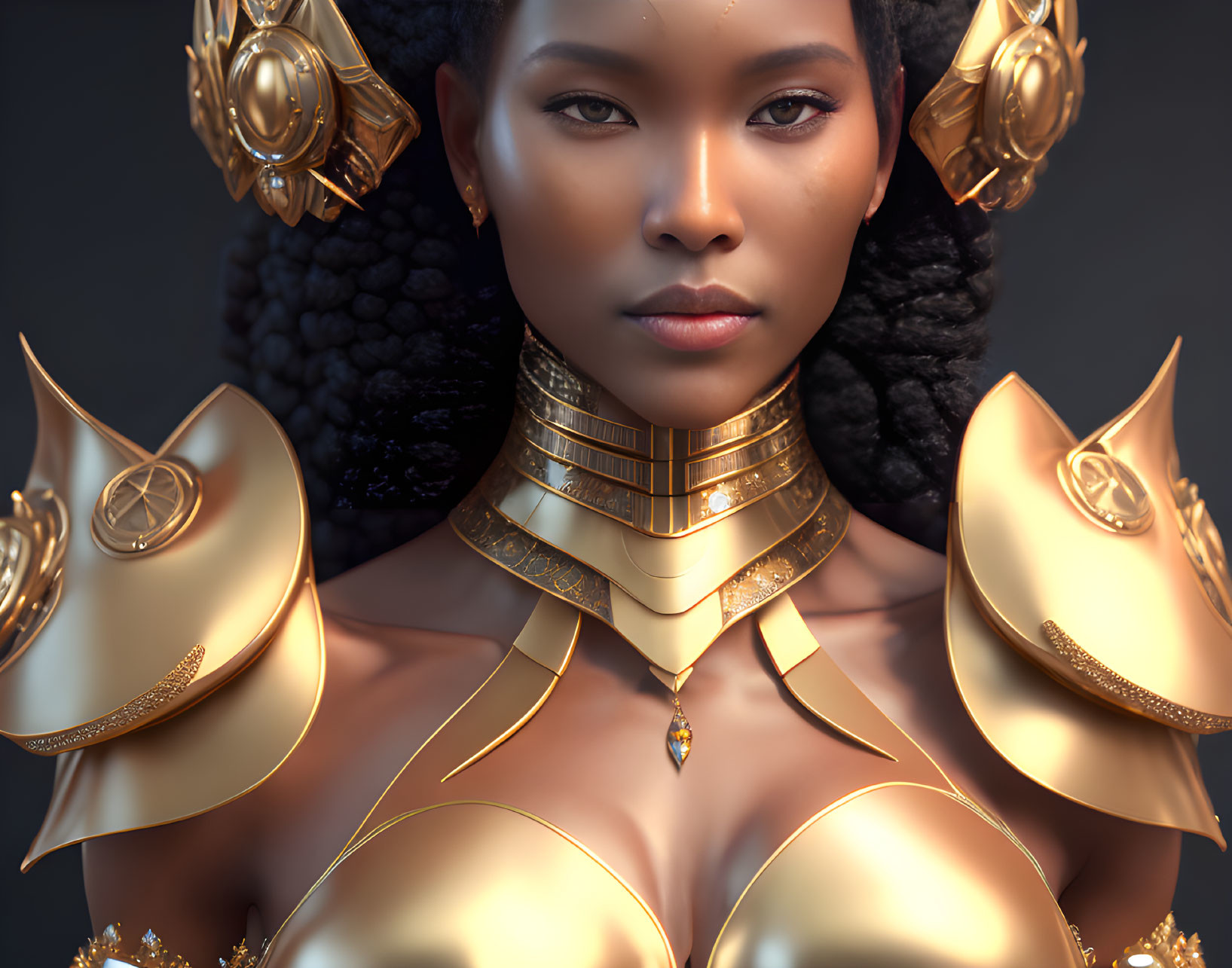 Digital portrait of woman in golden armor and jewelry on dark background