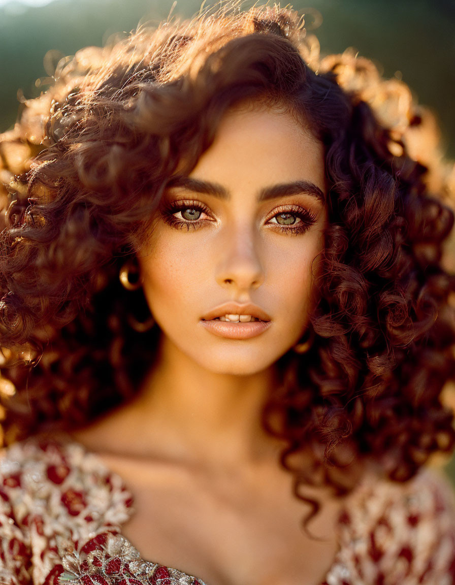 Woman with Voluminous Curly Hair and Captivating Eyes Backlit by Warm Sunlight