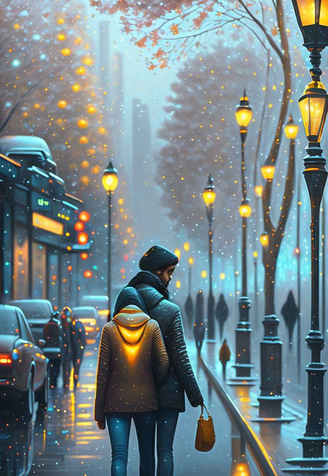 Snow-covered city street with glowing street lamps and parked cars at dusk