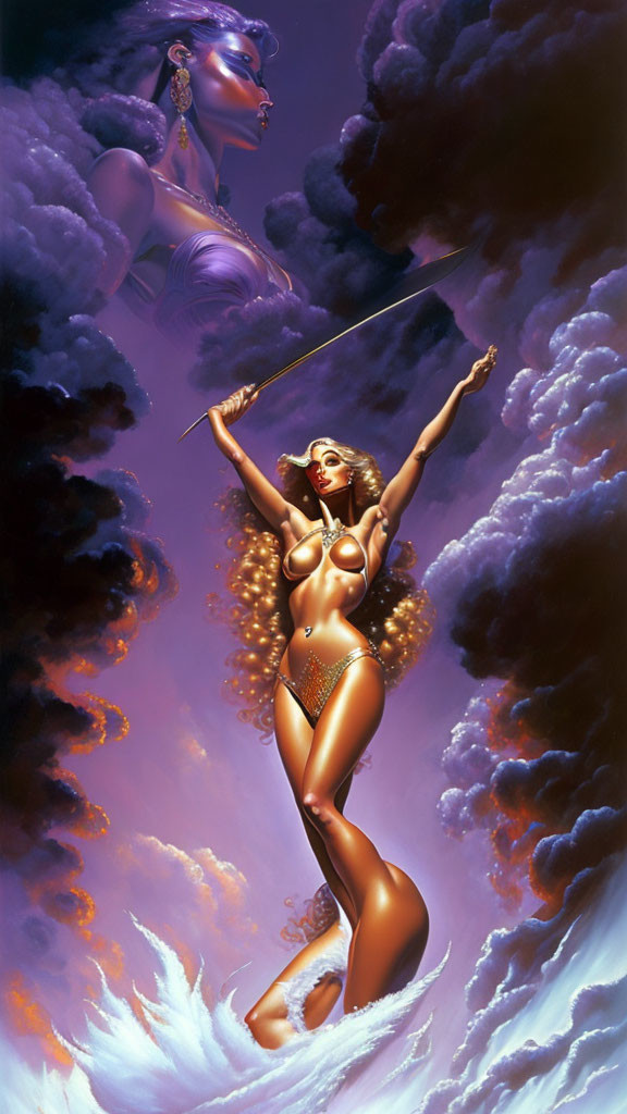 Female warrior in golden armor with spear on clouds, giant ethereal woman's face.