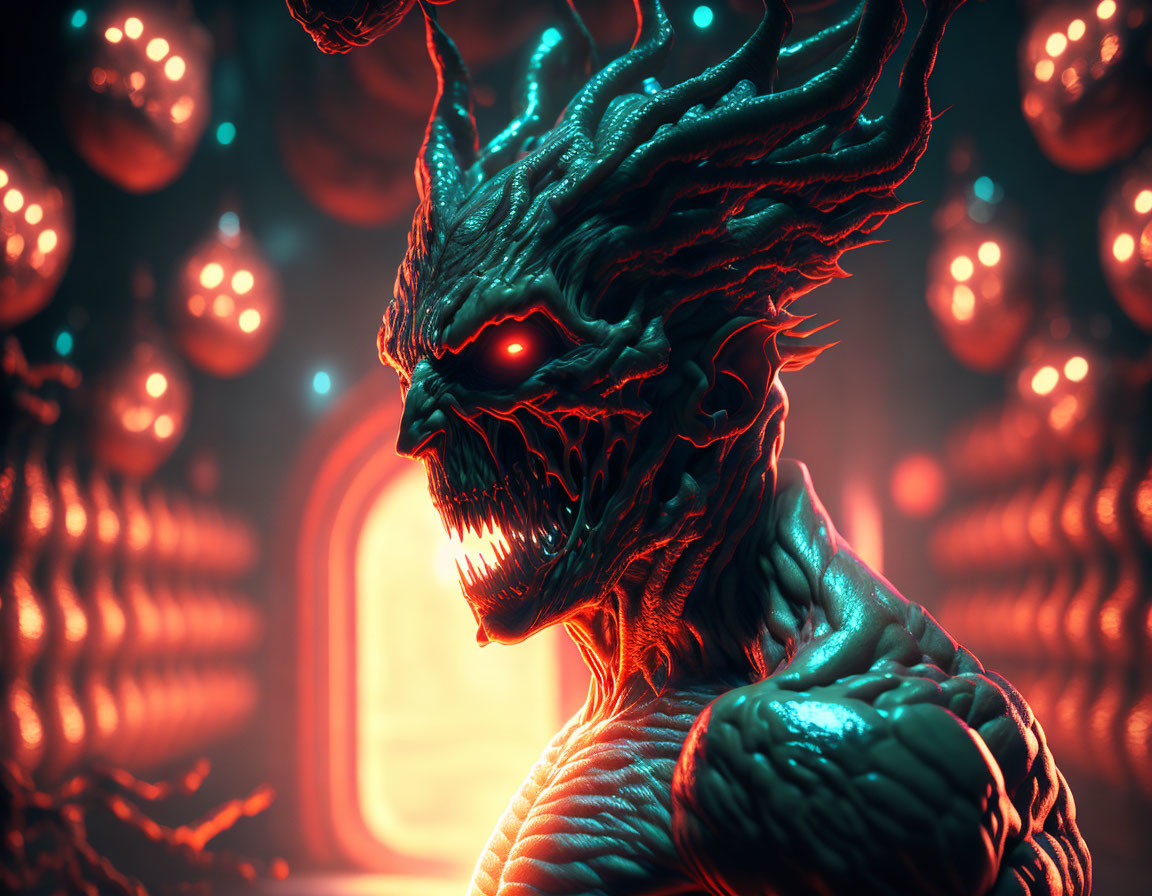 Menacing creature with red eyes, horns, and scales in futuristic setting.