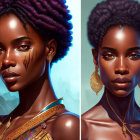 Woman's digital portraits: golden jewelry, tattoos, purple headwraps, surreal sky