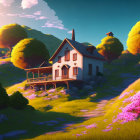 Tranquil digital artwork: countryside house, wooden deck, lush hills, colorful flora, golden sunset