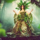 Mystical woman in greenery gown and headdress in fantastical forest