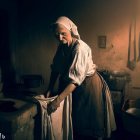 Elderly woman in period attire wringing cloth in rustic room