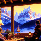 Cozy interior with snowy mountain view at sunset