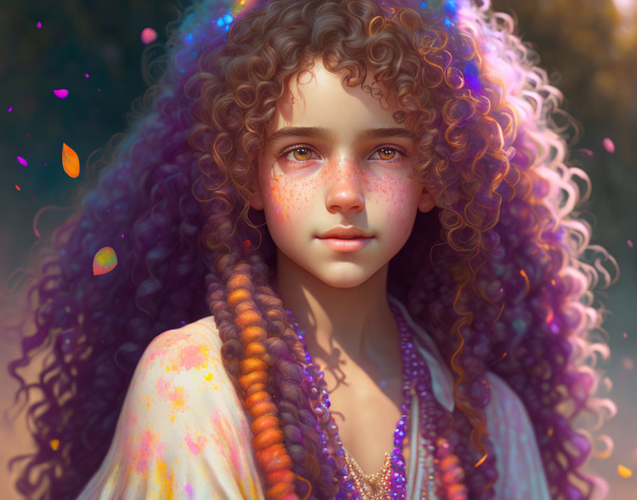 Young girl with curly hair and freckles in colorful dreamlike scene