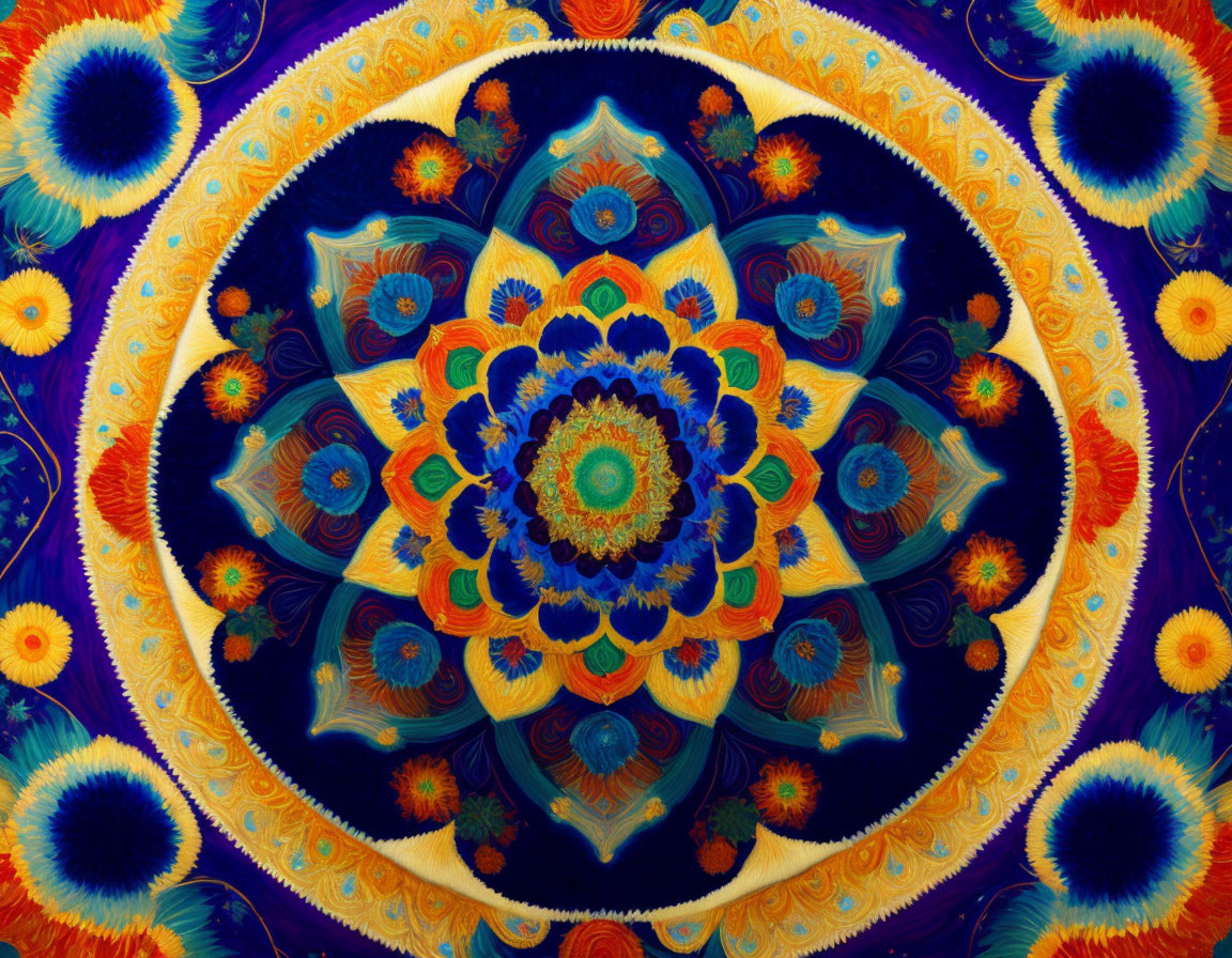 Colorful Mandala with Intricate Blue, Orange, and Green Patterns