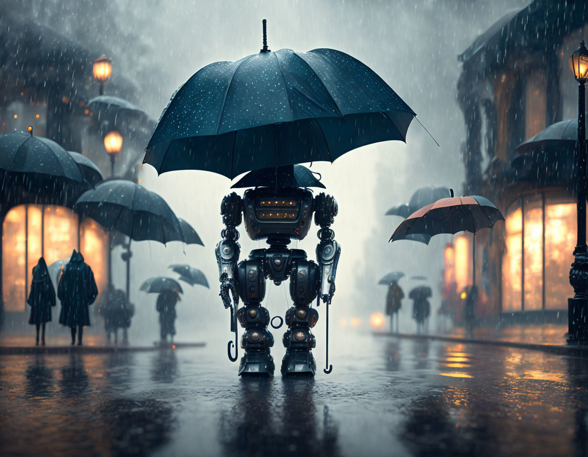 Robot with umbrella on rainy cobblestone street among pedestrians