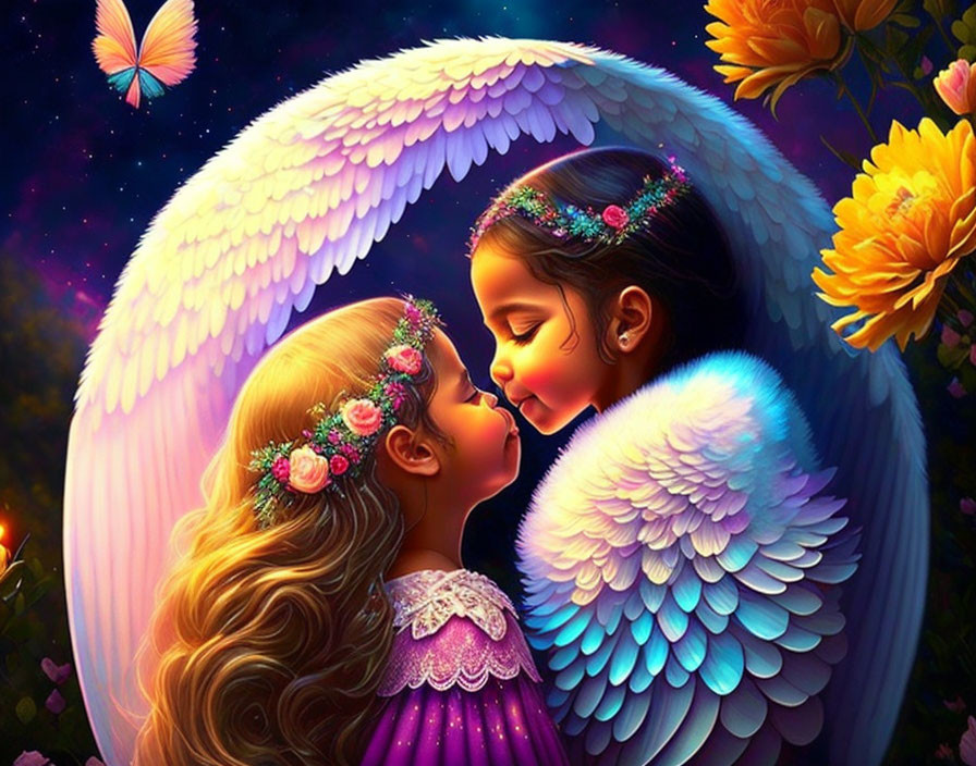 Animated angelic children embrace under starry sky with flowers