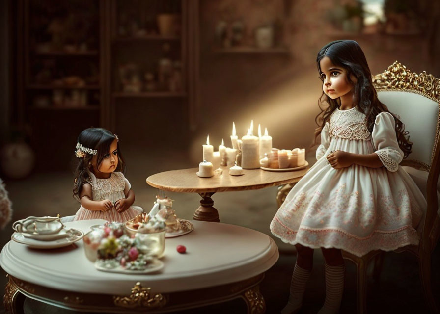 Vintage porcelain dolls in dresses by tea and candles in dim room