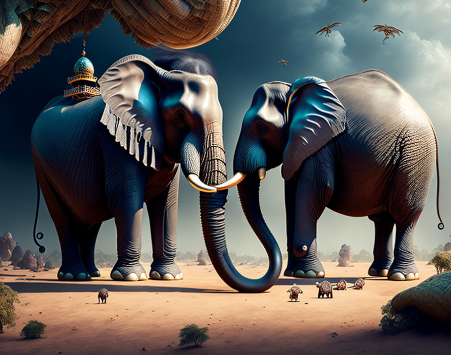 Decorated elephants in fantastical landscape with tiny figures and flying birds