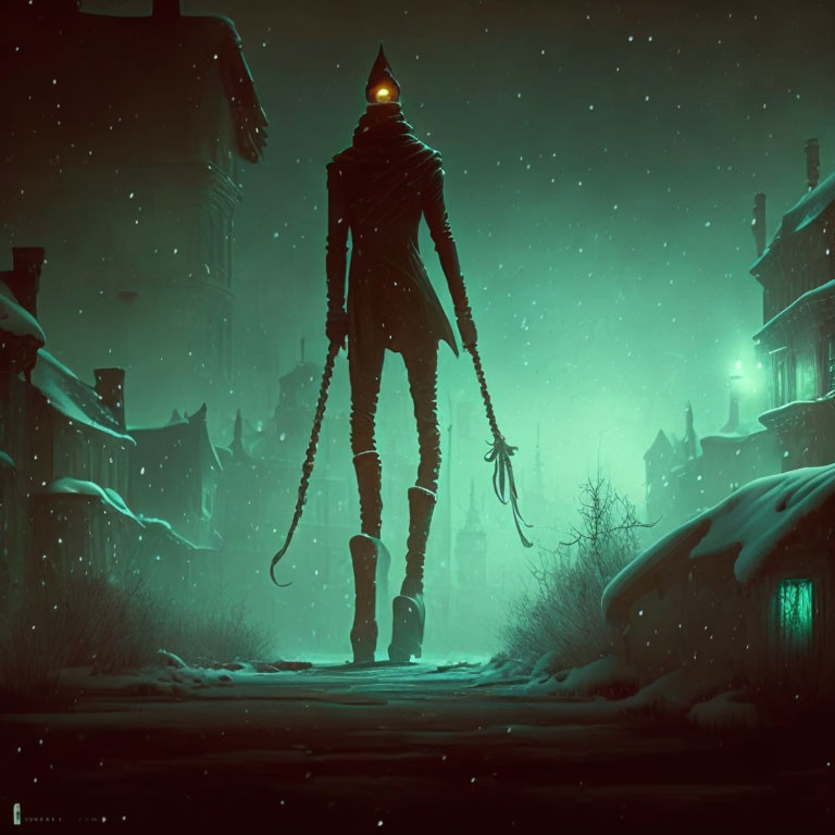 Tall, slender figure with lamp head in snowy, dimly-lit street