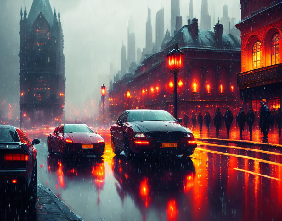 Urban scene: Rainy street, glowing reflections, cars, pedestrians, grand illuminated building.