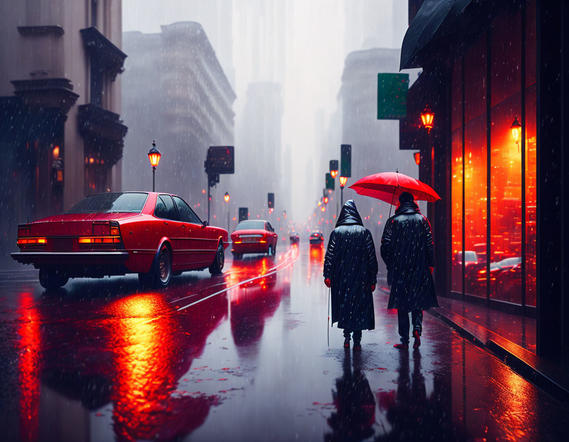 Rainy city street at dusk with two people under a red umbrella, vintage car, wet asphalt,