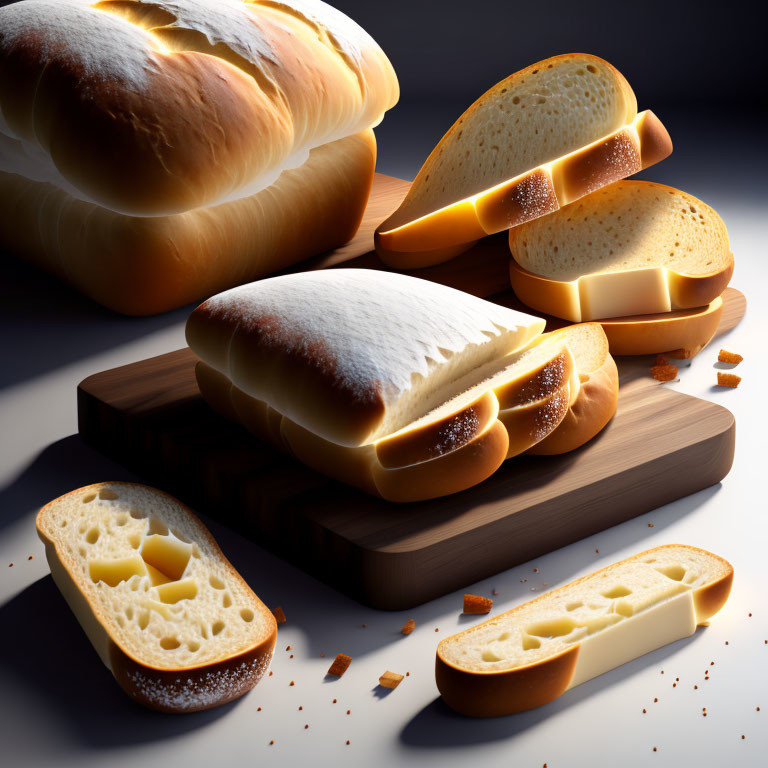 Homemade bread on wooden cutting board in warm light