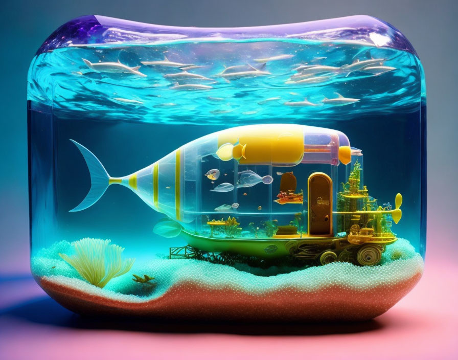 Whimsical underwater scene with bus-like fish and coral reef