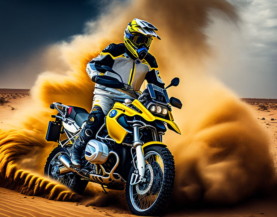 Yellow and Black Gear Motorcyclist Riding Adventure Motorcycle in Desert Setting