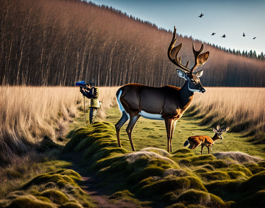 Majestic deer with large antlers in grassy landscape at dusk