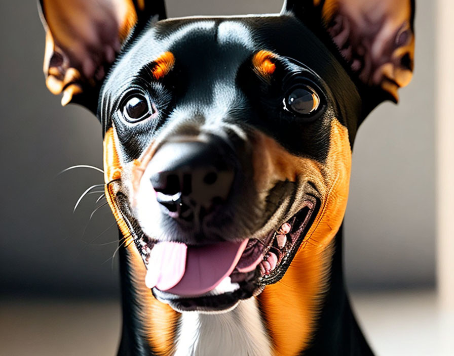 Black and Tan Dog with Pointy Ears and Bright Smile in Sunlit Room