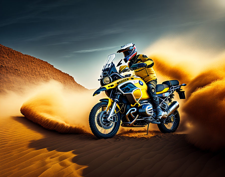 Yellow-gear rider on adventure motorcycle speeds through sandy desert