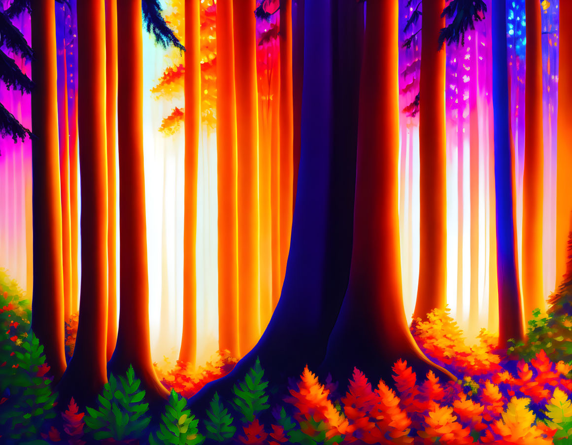 Surreal forest with vibrant orange, purple, and blue hues among towering trees