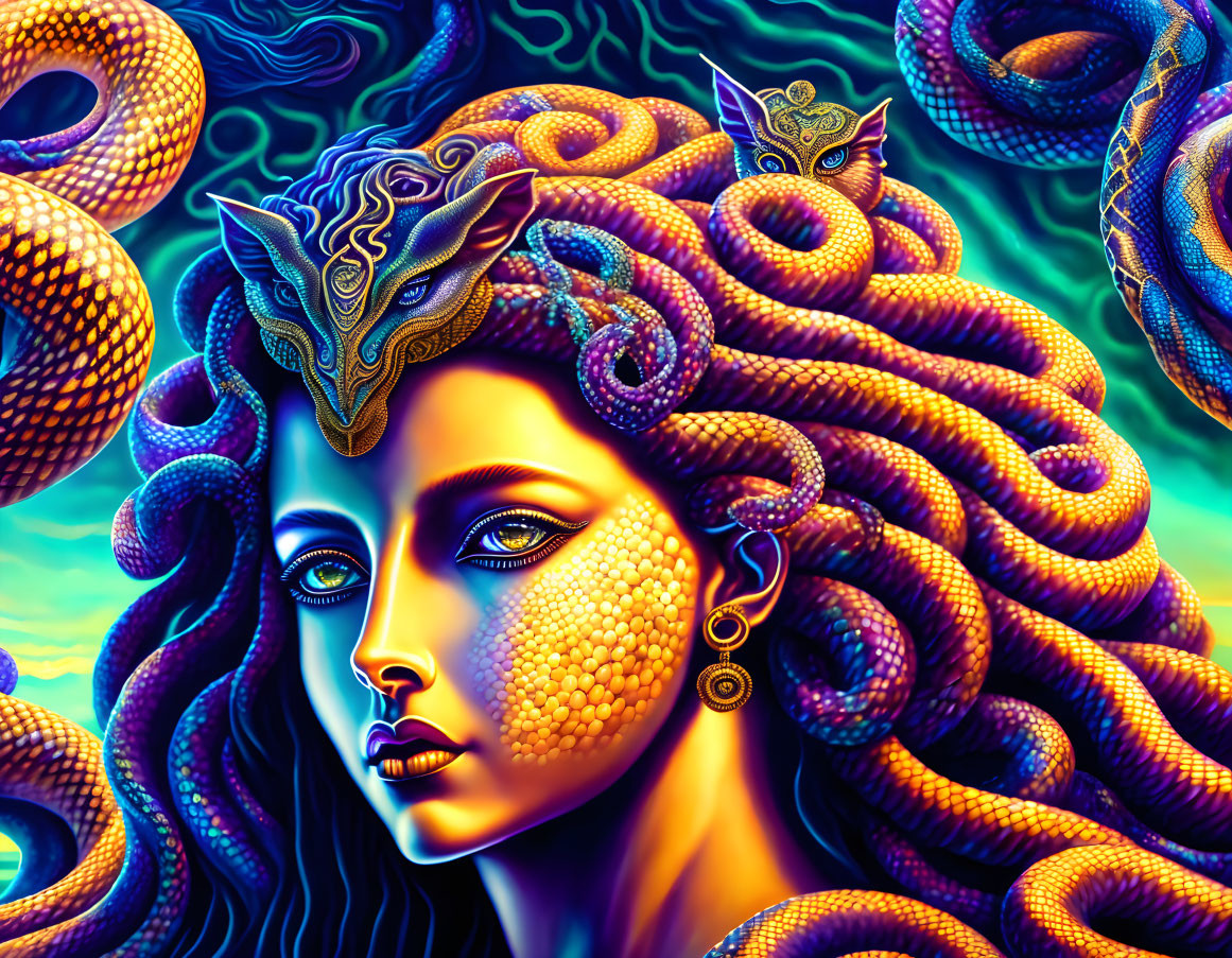 Psychedelic illustration of woman with snake hair and captivating eyes