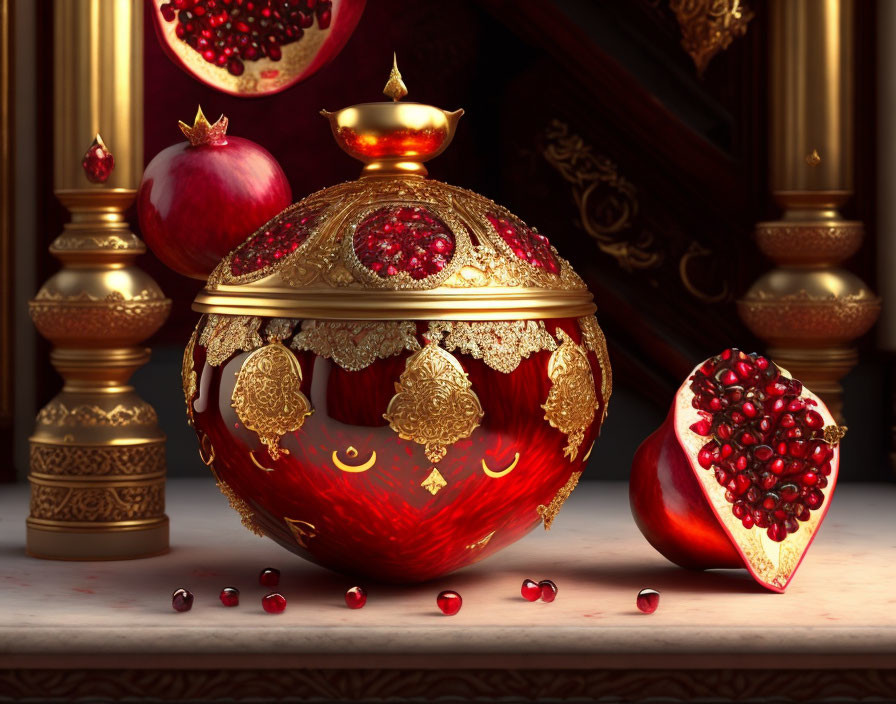 Golden and red ornate jar with intricate designs, ripe pomegranates, and scattered seeds.