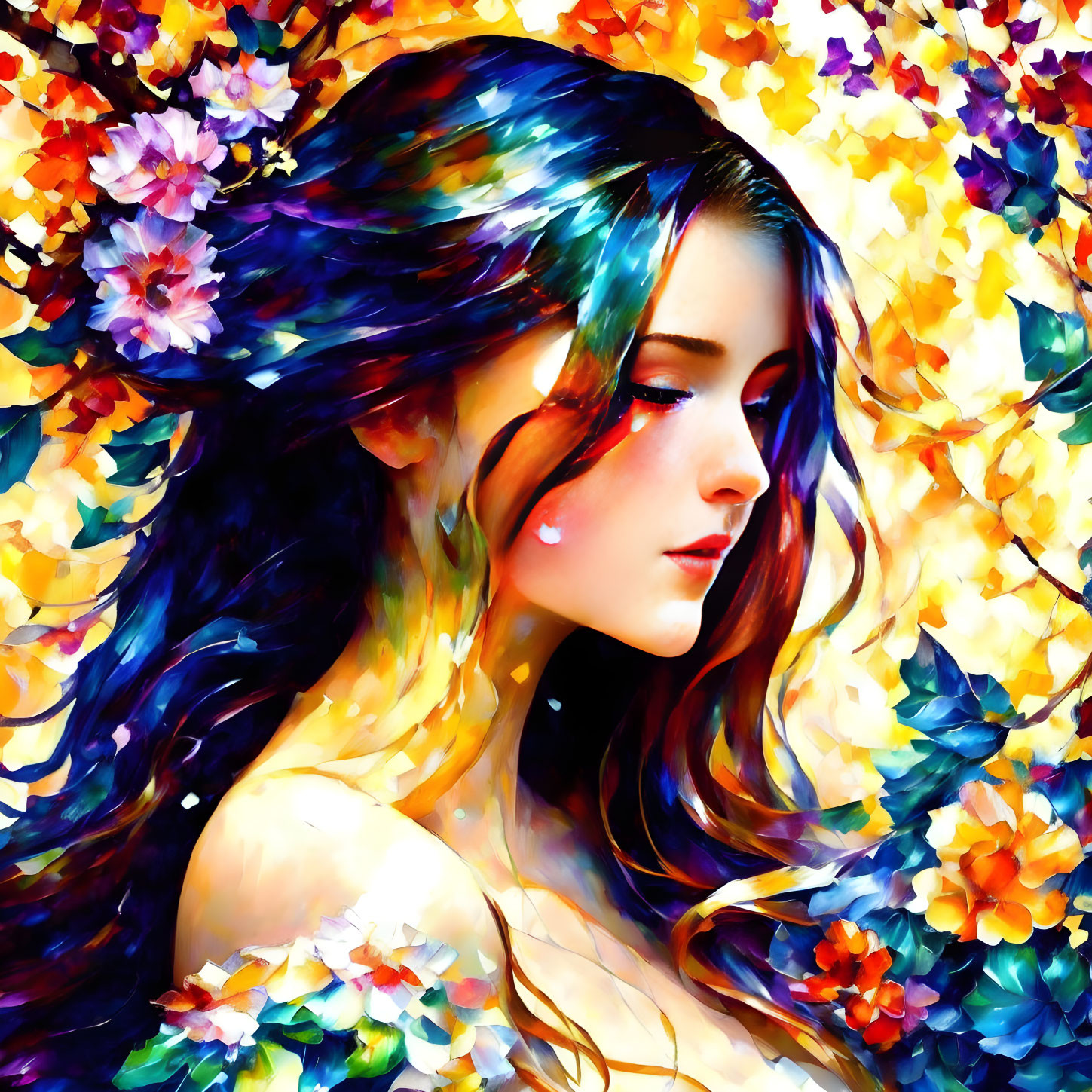 Colorful profile portrait of a woman with flowing hair and vibrant floral background