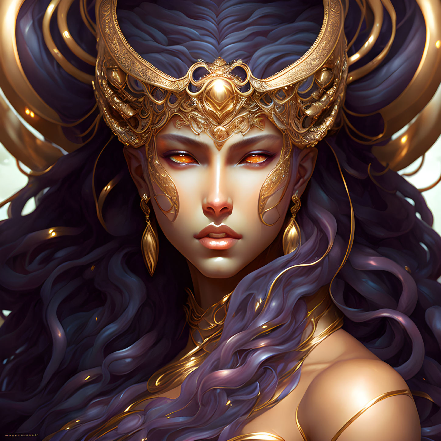 Illustration of woman with gold headpiece, purple hair, and red eyes exuding regal aura