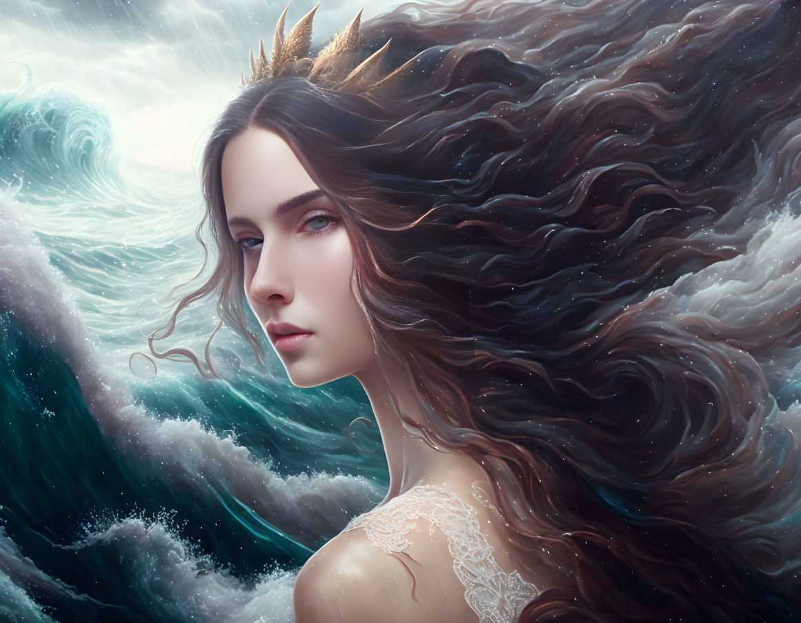 Portrait of woman with crown and flowing hair blending with ocean waves