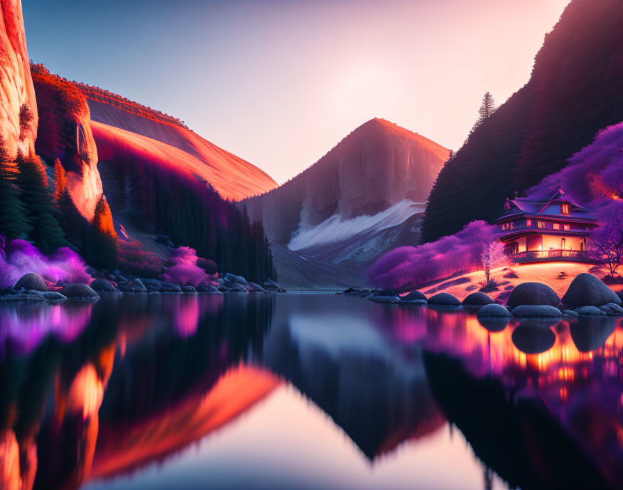 Tranquil landscape with traditional house by reflective lake, pink flora, twilight sky, and towering mountains