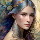 Multicolored hair woman with floral headdress and tattoos in pale flower background